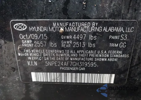 2016 Hyundai Sonata Se z USA, uszkodzony, nr VIN 5NPE24AF7GH319595